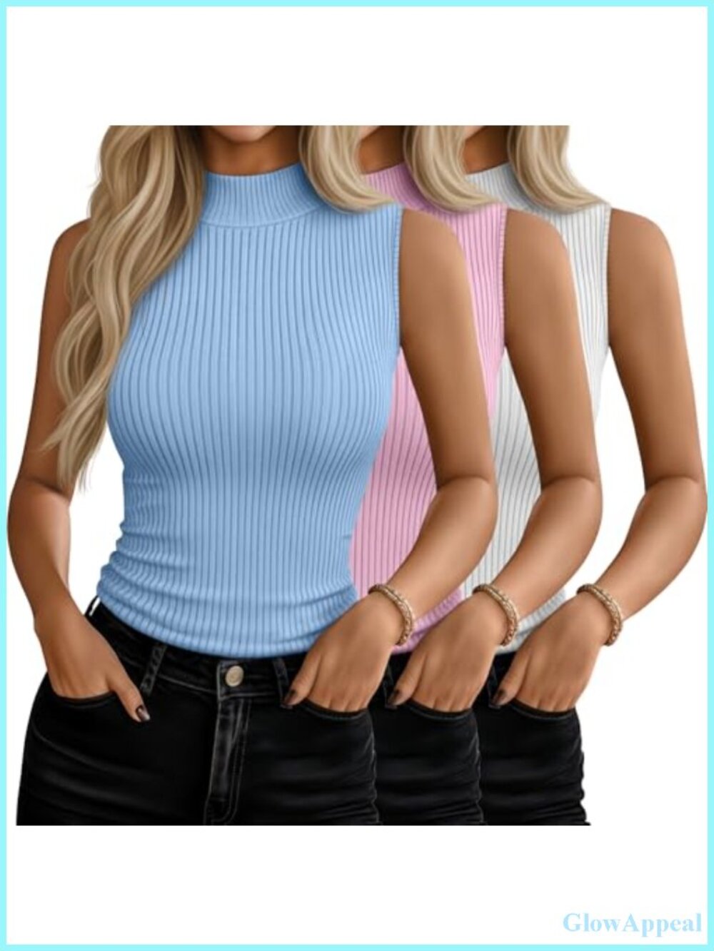 Women's Sleeveless Mock Turtleneck Tank Tops Stretch Fitted Shirts 3 Pack